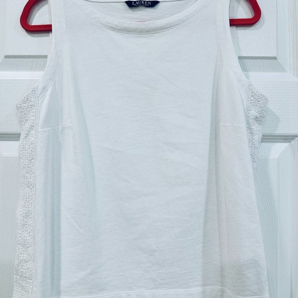 LAUREN WHITE COTTON LADIES SLEEVELESS TOP SIZE LARGE WITH SIDE EMBROIDERY